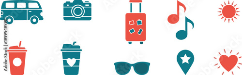 Set of colorful travel and vacation icons including a van camera suitcase music notes sun coffee cup and summer accessories