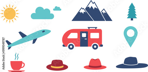 Set of travel icons with camper van airplane mountains sun clouds tree coffee cup and hats for vacation and tourism design