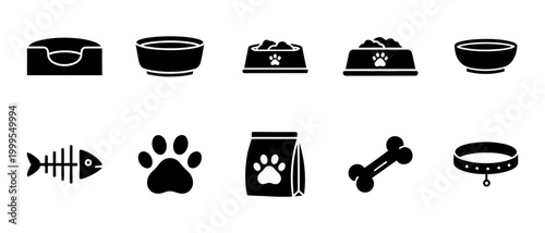Pet supplies icon set food accessories and care items in black silhouette