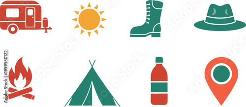 Set of colorful camping and hiking travel icons including a trailer tent fire sun boots hat water bottle and location pin