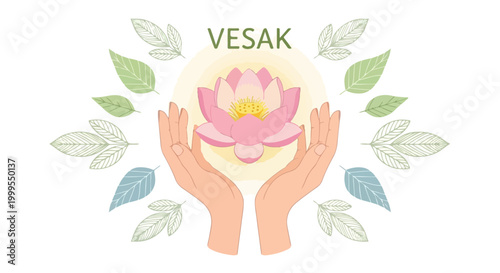 Vesak Day Celebration with Pink Lotus Flower and Hands Vector Illustration