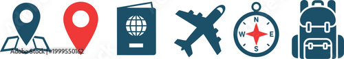 Set of travel icons with map pin, passport, airplane, compass and backpack for vacation planning and tourism design projects