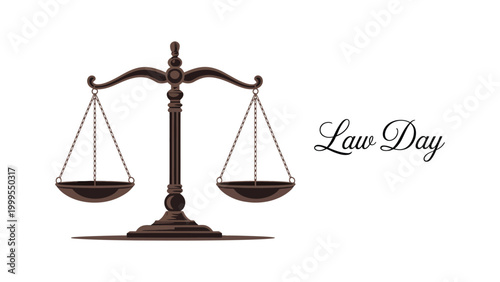law day concept with justice scale illustration and elegant typography on clean background for legal awareness and judicial system theme