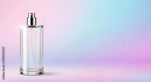 Elegant transparent glass perfume bottle with chrome spray nozzle and soft pastel background transparent background