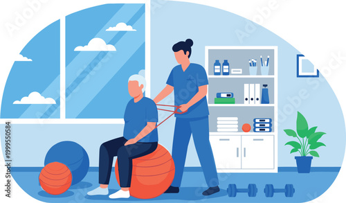 Elderly Rehabilitation with Physiotherapist Using Exercise Ball and Resistance Band in Therapy Room for Health and Wellness