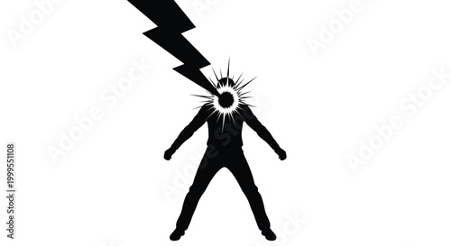 Human head explosion silhouette with lightning bolt black and white silhouette