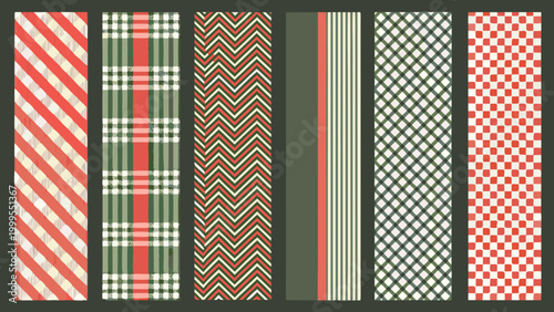 Repeating patterned fabric swatches vintage style textile designs with red and green