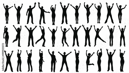 Collection of people silhouettes with arms raised in celebration on white background