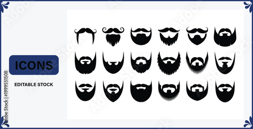 Collection of various beard and mustache styles icons for graphic design  facial hair silhouettes