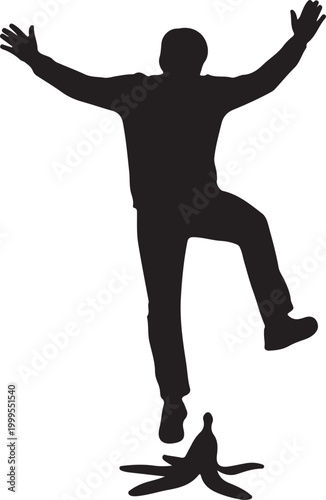 Silhouette of a person slipping on a banana peel comical scene