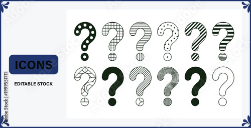 Set of various question mark icons in different styles and patterns