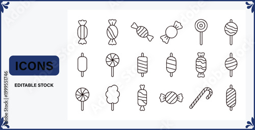 Set of various sweet treats and candies in line art style icons collection