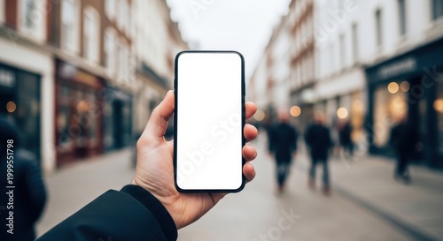 Hand holding a smartphone with a blank white screen on a blurred city street background