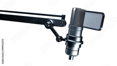Black studio microphone with adjustable arm and mesh grill