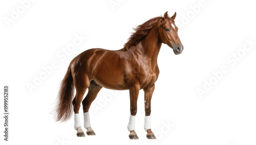 Reddish-brown Chestnut Horse with Bandages Standing Profile View