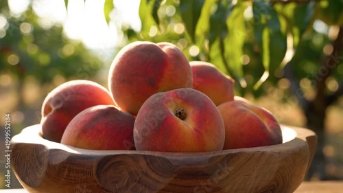 Bowl of Ripe Peaches in Orchard Sunlight