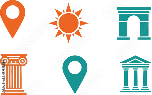 Set of travel and history icons featuring location pins sun arch and ancient greek columns for tourism and education