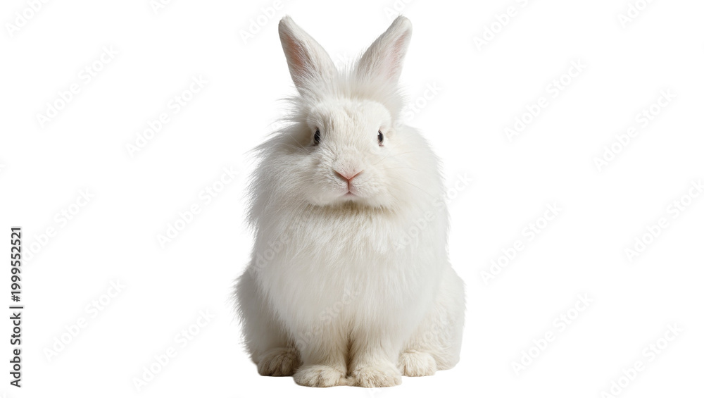 Fototapeta premium Fluffy white Angora rabbit sitting facing forward