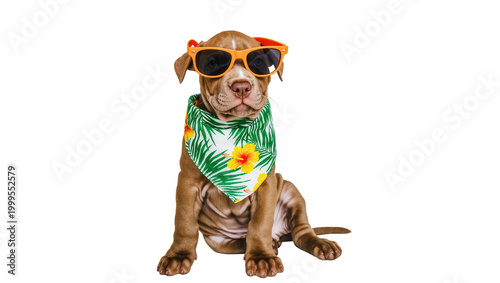 Brown playful puppy wearing sunglasses and floral bandana