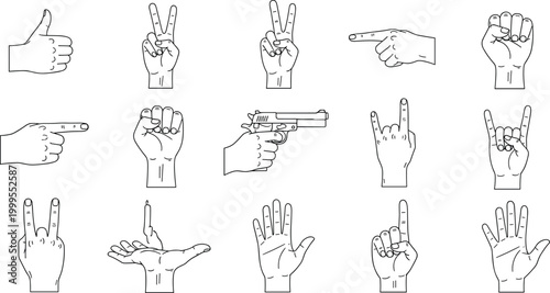 Black and White Hand Gesture Icon Set with Thumbs Up, Peace, Fist, and Finger Signs for Communication Design