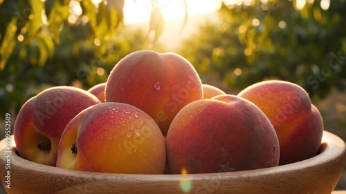 Bowl of Ripe Peaches Bathed in Golden Sunlight