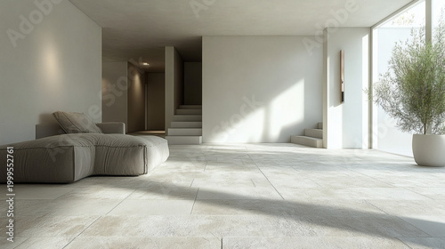Minimalist modern living room featuring large natural stone tile flooring with soft ambient lighting and clean architectural lines creating a serene spacious atmosphere perfect for contemporary