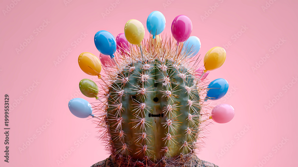 Fototapeta premium Cactus with needles made of colorful party toothpicks and balloons, Generative AI illustrations.
