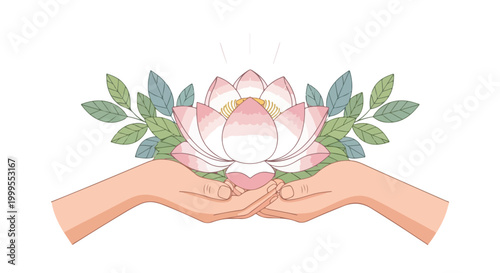 Hands Holding Pink Lotus Flower with Green Leaves Vector Illustration