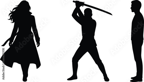 Sword fighter human silhouettes icon illustration, combat posture artwork design, confrontation concept symbol graphic, black white professional representation