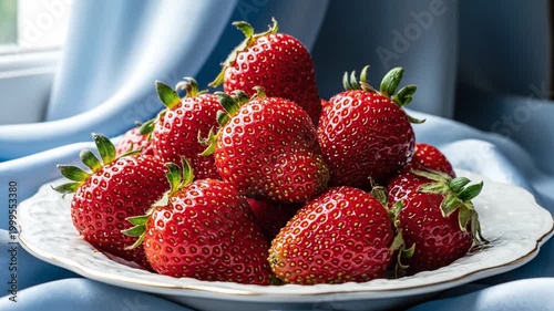 Bowl of Ripe Red Strawberries on Blue Cloth