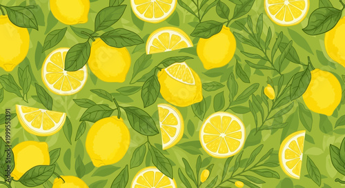 Vibrant illustration of lemons and lemon slices with green leaves on a green background