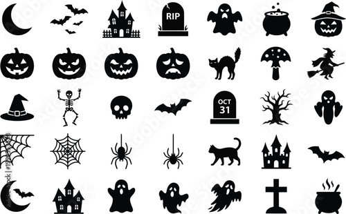 Collection of black halloween icons on white background including pumpkins, bats, ghosts, spiders, and more