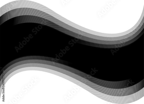 Vector wavy shape with striped halftone. Black vector pattern of thin lines with place for text. Design element. Wavy shapes. Trendy vector background for covers, advertising, packaging, labels. Promo