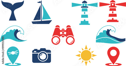 Set of colorful sea and travel icons including whale tail sailboat lighthouse waves binoculars camera and location pins