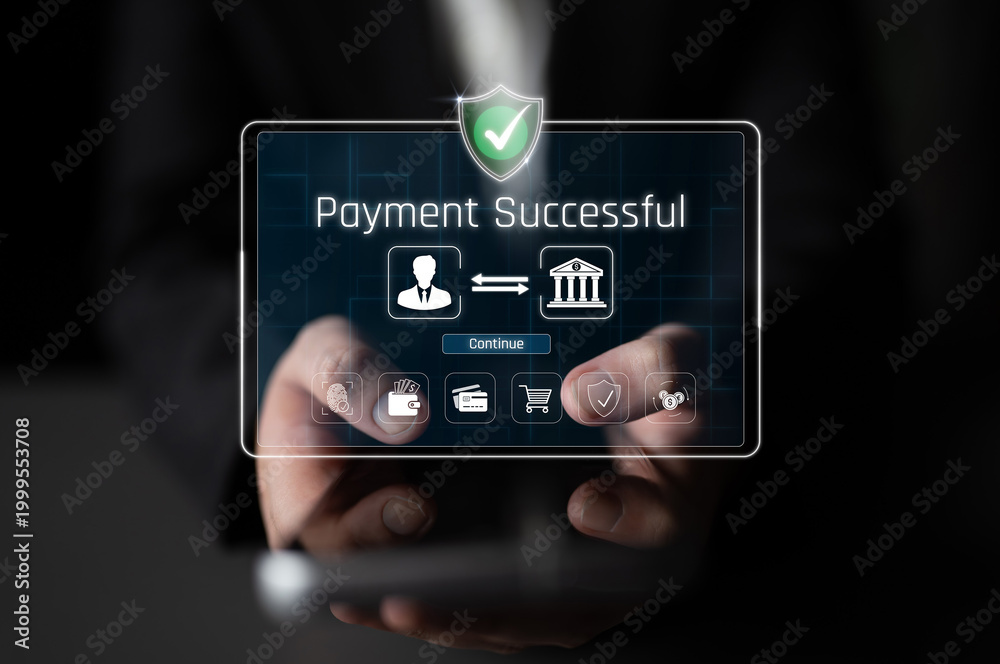 Fototapeta premium Hands Holding Smartphone with Digital Payment Notification and Successful Transaction Confirmation Against a Dark Background Sigmoid
