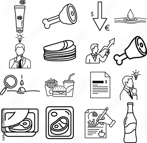 Set of black and white business and food line icons