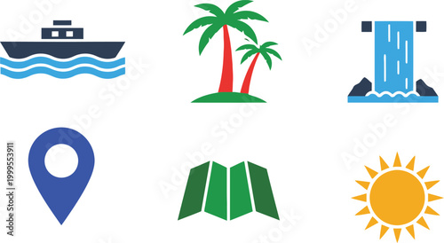 Set of travel and vacation icons including cruise ship palm trees waterfall location pin map and sun in flat design