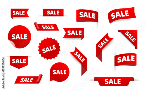 Set of red SALE tags and labels for promotions.