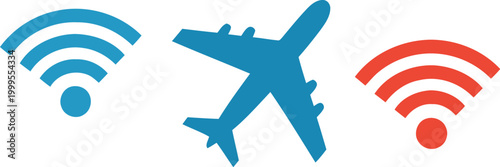 Airplane icon with blue and red wifi signal symbols for travel connectivity and wireless internet access on flights