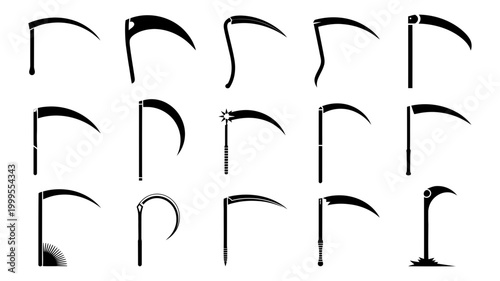 Set of various black scythe silhouettes, including different blades and handles, representing death or harvest