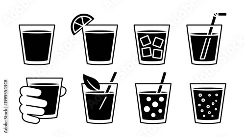 Collection of eight black and white icons showing different drinks in glasses some with ice straw or lemon