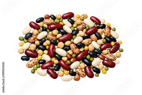 Assorted dry beans and legumes, a vibrant mix of colorful pulses for healthy cooking, plant-based protein, and nutritious meals, isolated on white for food photography.