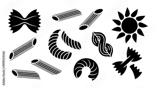 Variety of traditional italian pasta shapes and types icons with macaroni farfalle ingredient uncooked