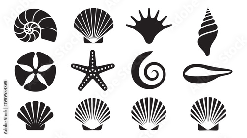 Assortment of various marine life and seashell elements icons with seashells starfish nautilus underwater