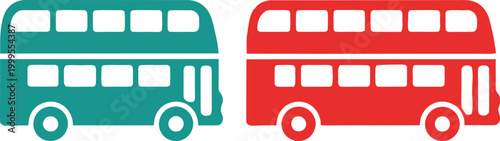 Green and red double decker bus icons for city transport and public travel concept flat vector illustration design