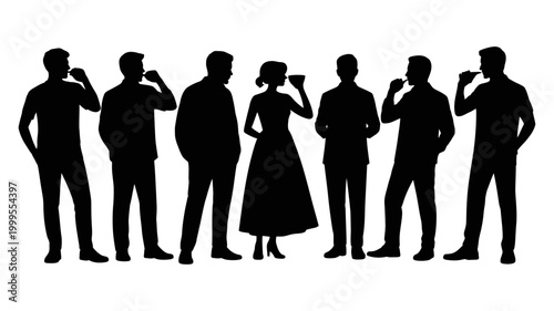 Silhouettes of group of diverse people including men and a woman enjoying drinks at a social gathering