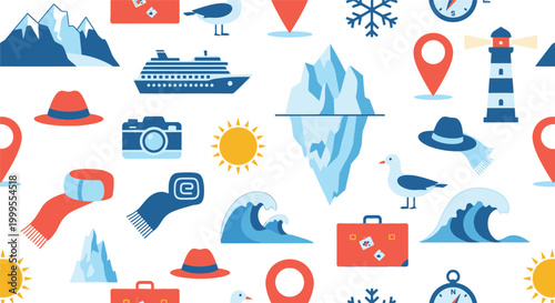 Seamless pattern with travel icons featuring cruise ship iceberg mountains lighthouse and vacation items in flat style
