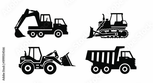 Construction Vehicle Icon Set with Excavator, Bulldozer, Wheel Loader and Dump Truck Black Silhouette Glyph Icons
