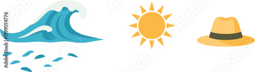 Set of flat summer icons featuring a blue ocean wave, a bright yellow sun, and a straw hat for tropical beach vacations