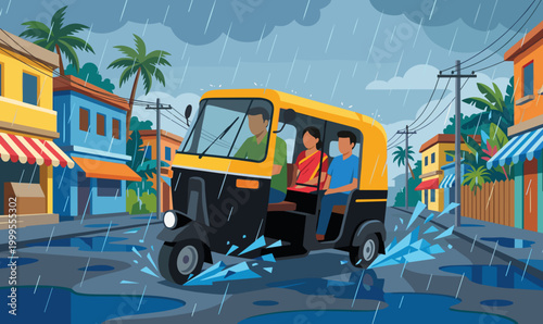 Auto Rickshaw Splashing Water on Rainy Street